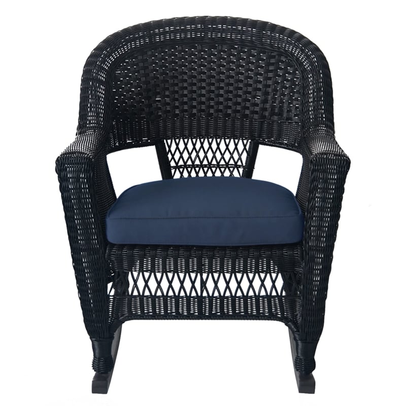 Jeco Wicker Rocker Chair in Black with Blue Cushion (Set of 2)