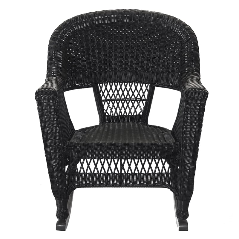 Jeco Wicker Rocker Chair in Black with Blue Cushion (Set of 2)