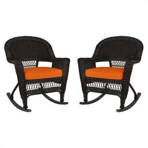 Jeco Wicker Rocker Chair in Black with Orange Cushion (Set of 2)