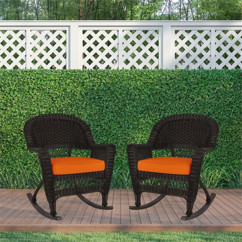 Jeco Wicker Rocker Chair in Black with Orange Cushion (Set of 2)