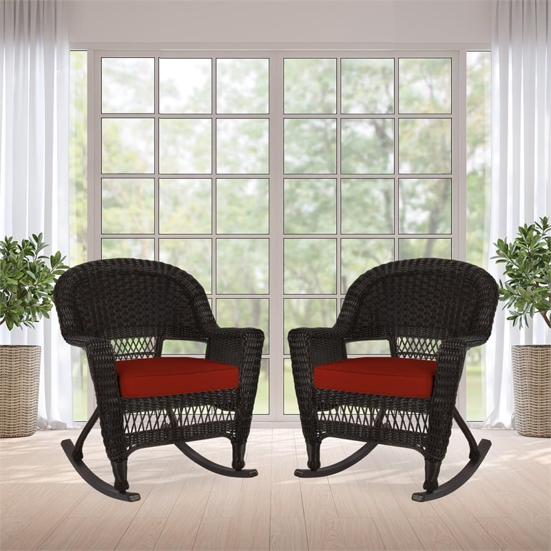 Jeco Wicker Rocker Chair in Black with Red Cushion (Set of 2)