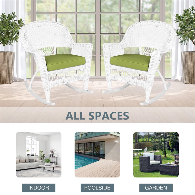 Jeco Wicker Rocker Chair in Black with Green Cushion (Set of 2)