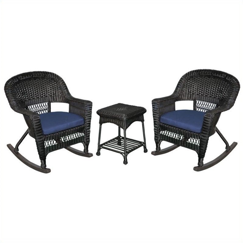 Jeco 3pc Wicker Rocker Chair Set in Black with Blue Cushion