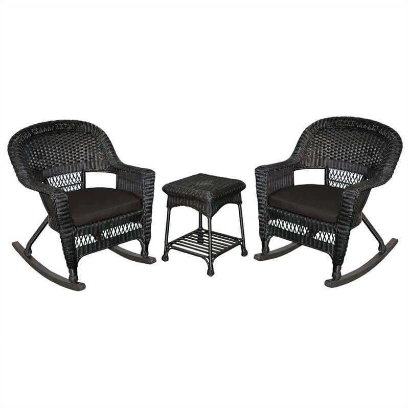 Jeco 3pc Resin Wicker Outdoor Patio Rocker Chair Set in Black with Black Cushion