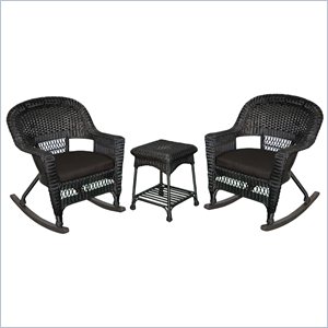 Jeco 3pc Resin Wicker Outdoor Patio Rocker Chair Set in Black with Black Cushion