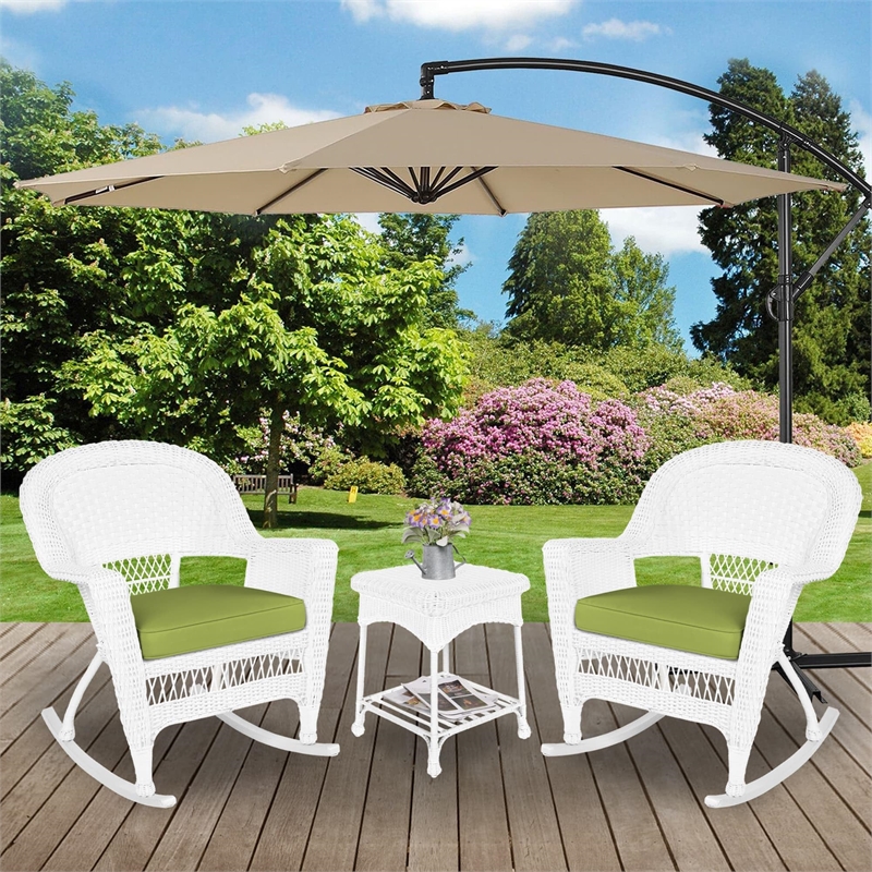 Jeco 3pc Wicker Rocker Chair Set in Black with Green Cushion