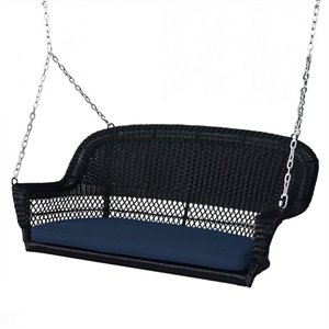 Jeco Wicker Porch Swing in Black with Blue Cushion