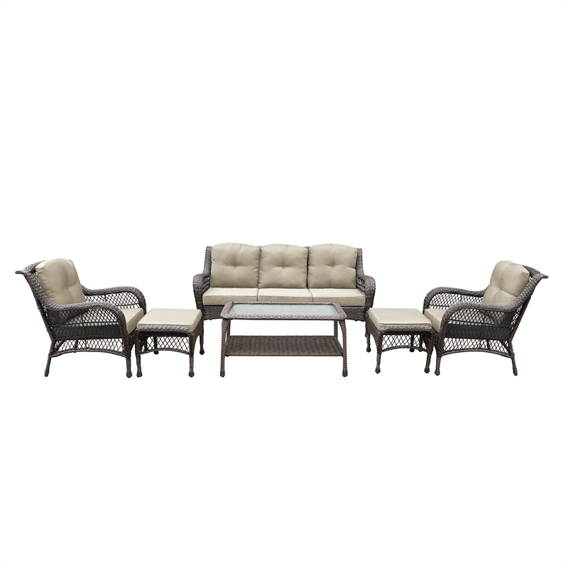 Jeco 6 Piece Resin Wicker Outdoor Patio Seating Set in Espresso/Tan Cushions
