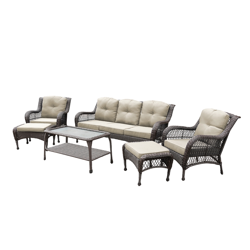 Jeco 6 Piece Resin Wicker Outdoor Patio Seating Set in Espresso/Tan Cushions