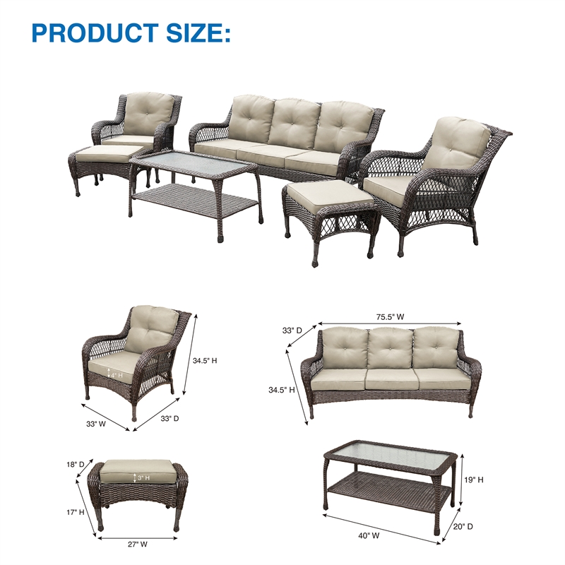 Jeco 6 Piece Resin Wicker Outdoor Patio Seating Set in Espresso/Tan Cushions