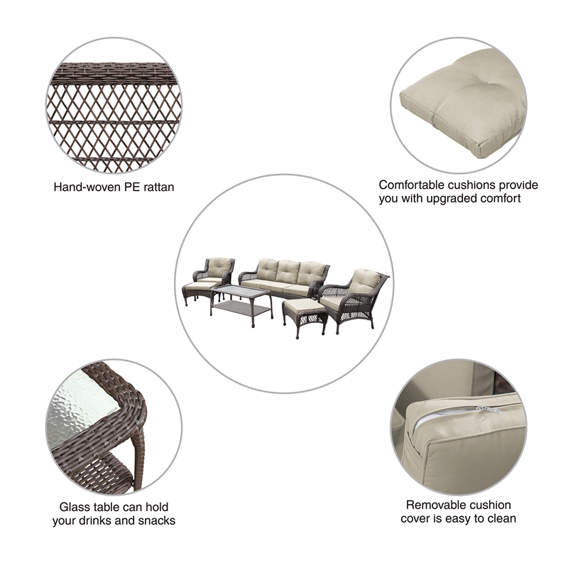 Jeco 6 Piece Resin Wicker Outdoor Patio Seating Set in Espresso/Tan Cushions