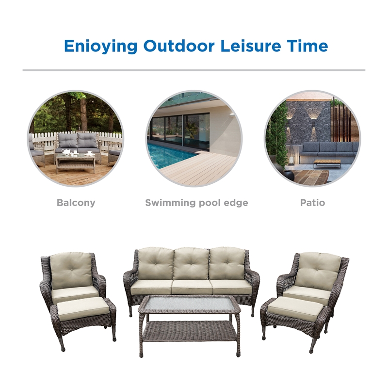 Jeco 6 Piece Resin Wicker Outdoor Patio Seating Set in Espresso/Tan Cushions