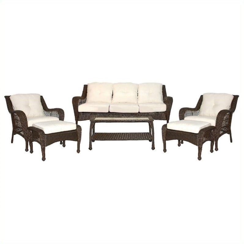 Jeco 6 Piece Resin Wicker Outdoor Patio Seating Set in Espresso/Tan Cushions