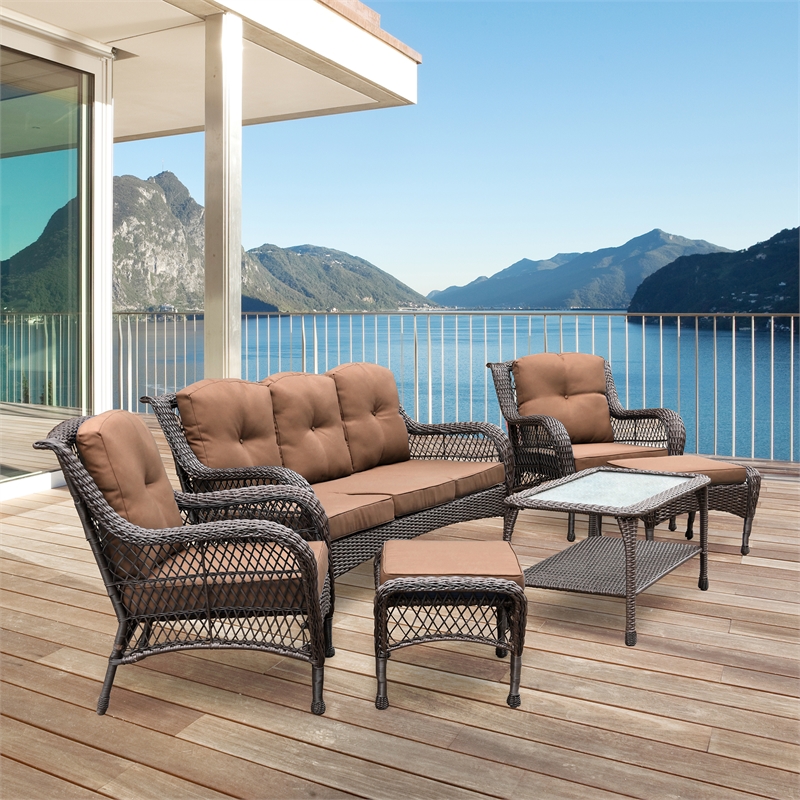 Jeco 6 Piece Resin Wicker Outdoor Patio Seating Set in Espresso/Brown Cushions