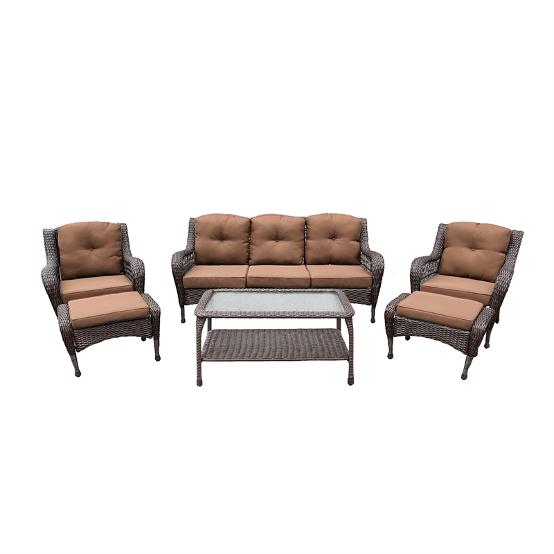 Jeco 6 Piece Resin Wicker Outdoor Patio Seating Set in Espresso/Brown Cushions