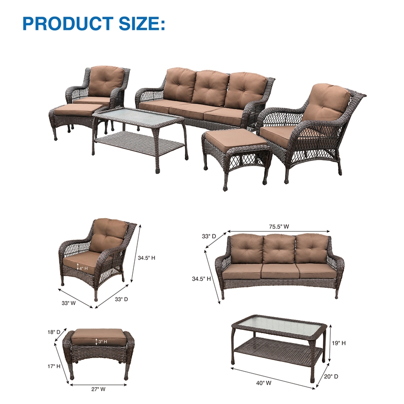 Jeco 6 Piece Resin Wicker Outdoor Patio Seating Set in Espresso/Brown Cushions