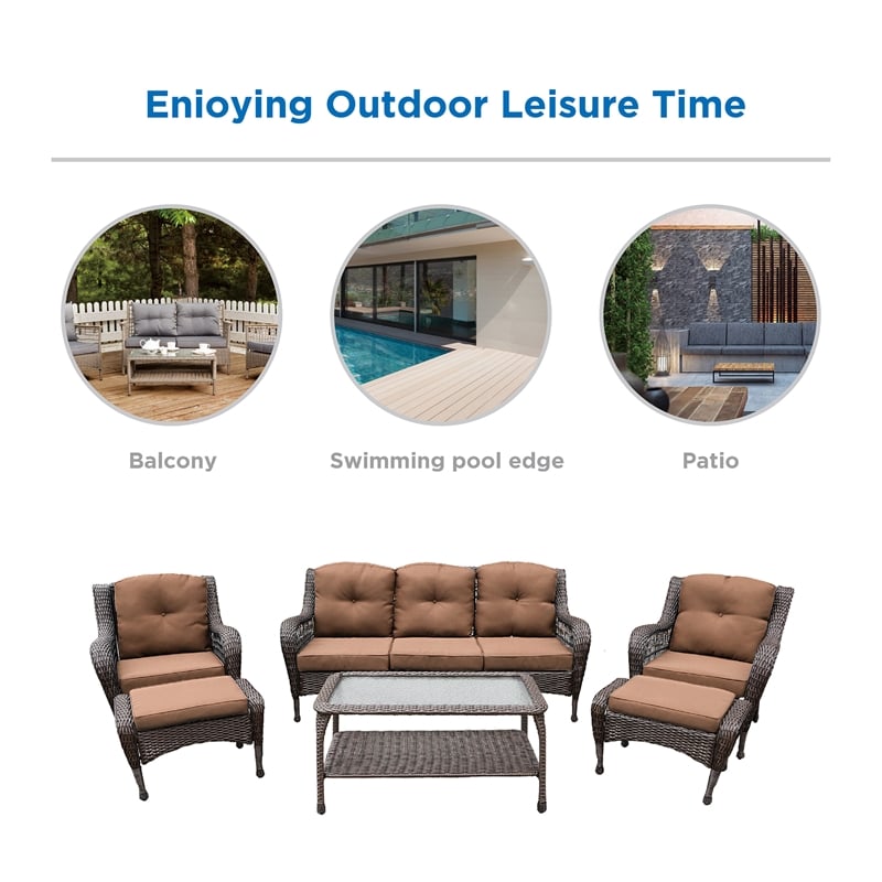 Jeco 6 Piece Resin Wicker Outdoor Patio Seating Set in Espresso/Brown Cushions