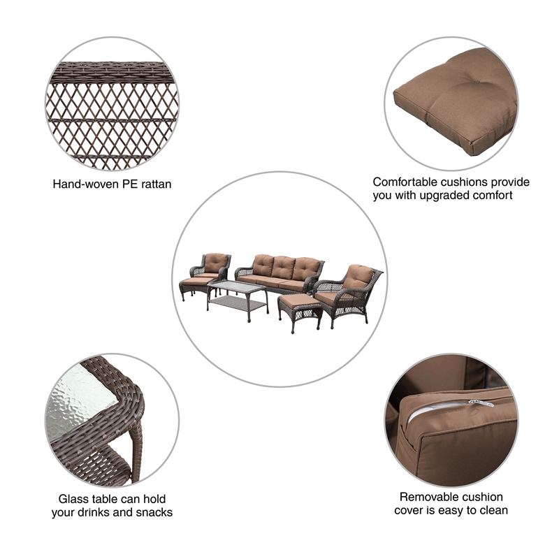 Jeco 6 Piece Resin Wicker Outdoor Patio Seating Set in Espresso/Brown Cushions