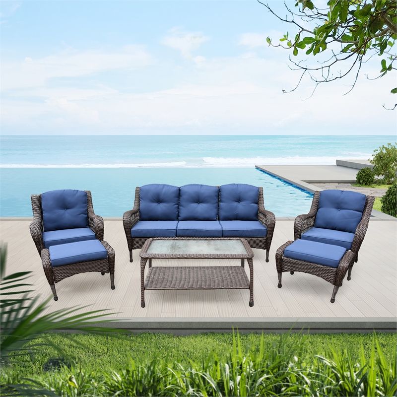 Jeco 6 Piece Resin Wicker Outdoor Patio Seating Set in Espresso/Blue Cushions