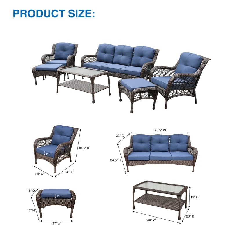 Jeco 6 Piece Resin Wicker Outdoor Patio Seating Set in Espresso/Blue Cushions