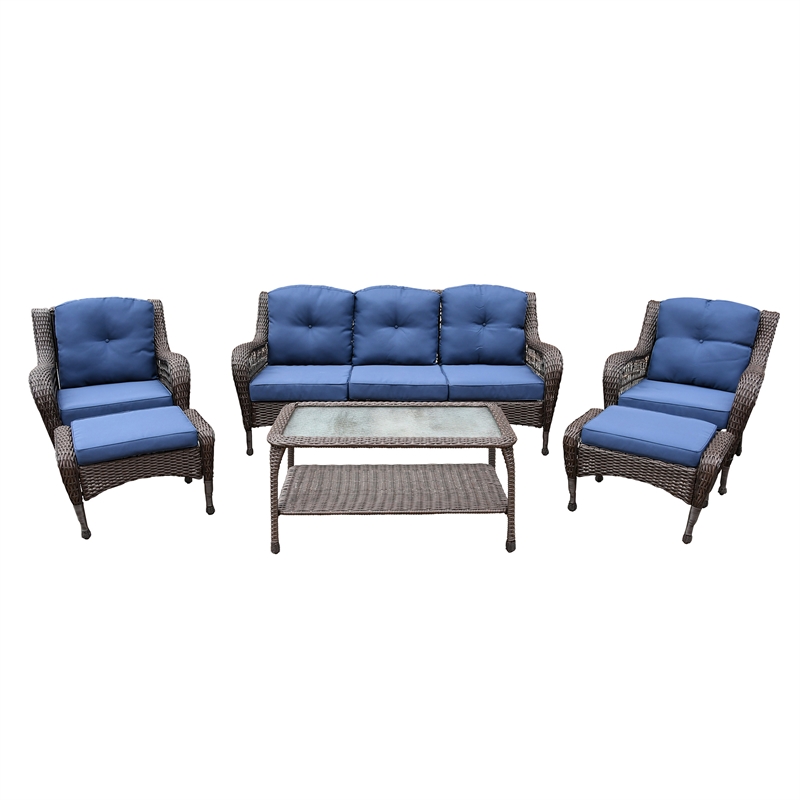 Jeco 6 Piece Resin Wicker Outdoor Patio Seating Set in Espresso/Blue Cushions