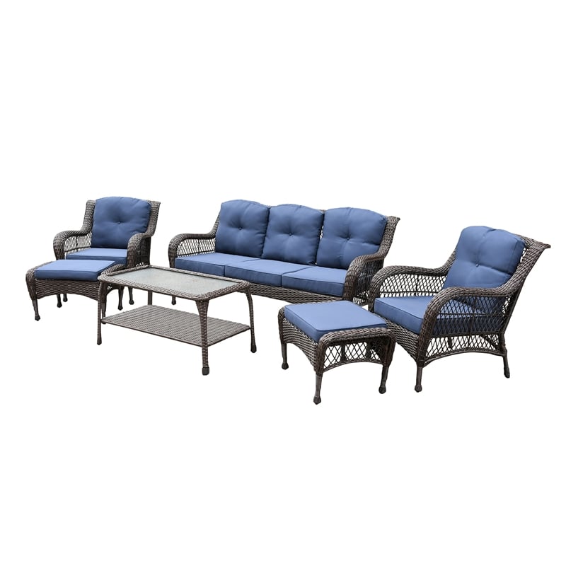 Jeco 6 Piece Resin Wicker Outdoor Patio Seating Set in Espresso/Blue Cushions