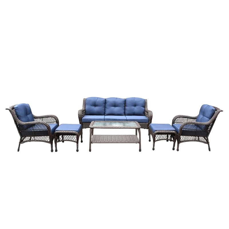 Jeco 6 Piece Resin Wicker Outdoor Patio Seating Set in Espresso/Blue Cushions