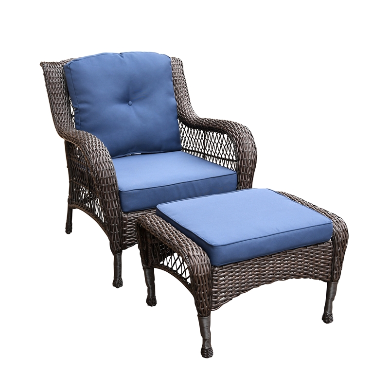Jeco 6 Piece Resin Wicker Outdoor Patio Seating Set in Espresso/Blue Cushions