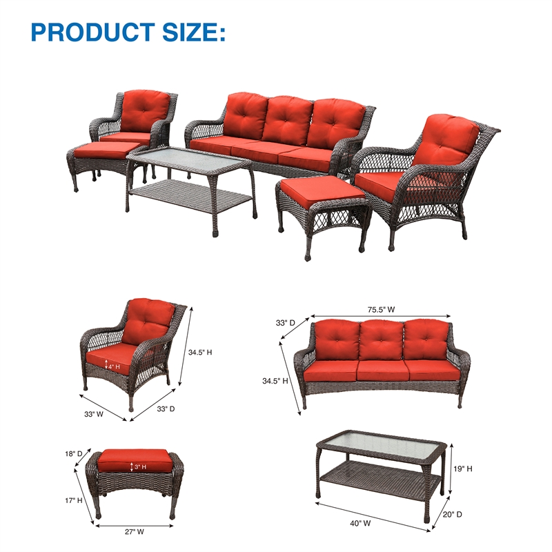 Jeco 6pc Wicker Seating Set in Espresso with Red Cushions