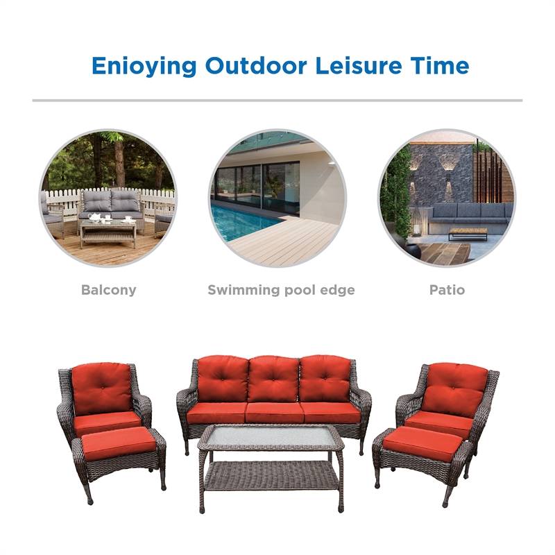 Jeco 6pc Wicker Seating Set in Espresso with Red Cushions