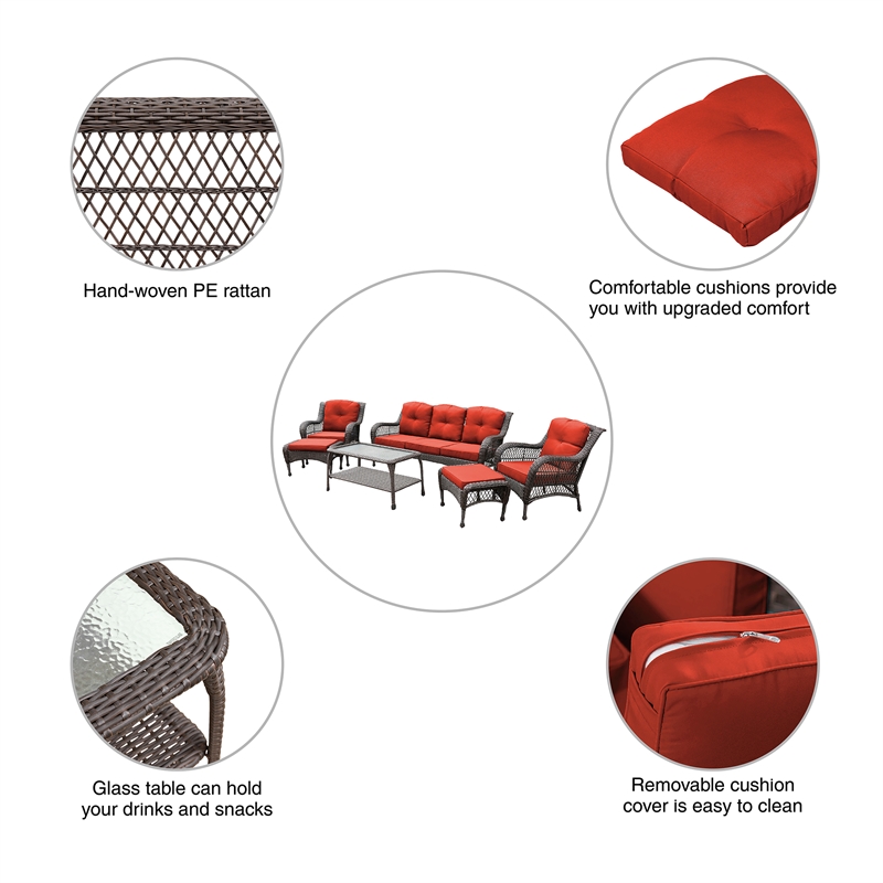 Jeco 6pc Wicker Seating Set in Espresso with Red Cushions