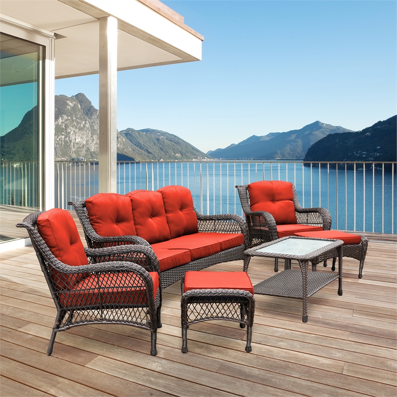 Jeco 6pc Wicker Seating Set in Espresso with Red Cushions