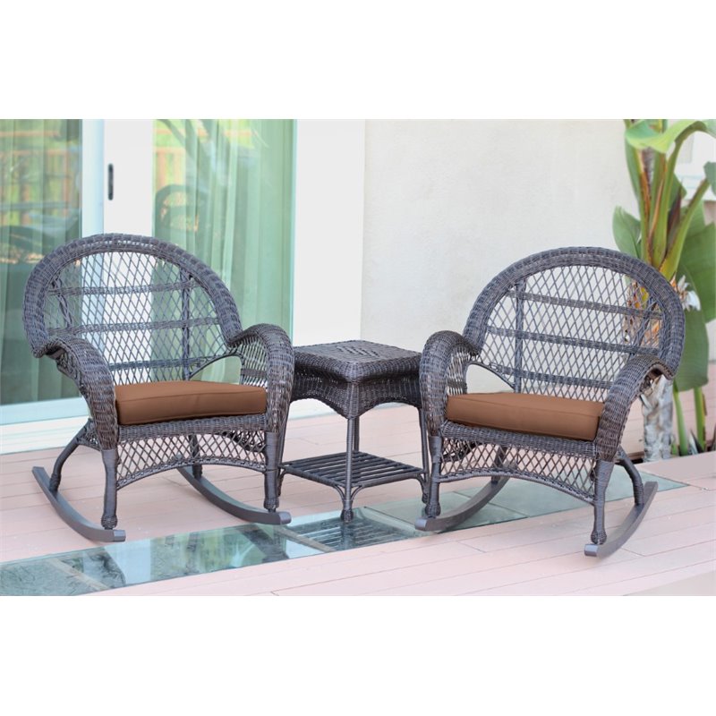 Jeco 3 Piece Wicker Conversation Set in Espresso with Brown Cushions