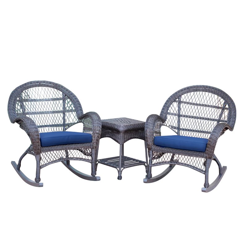 Jeco 3 Piece Wicker Conversation Set in Espresso with Blue Cushions