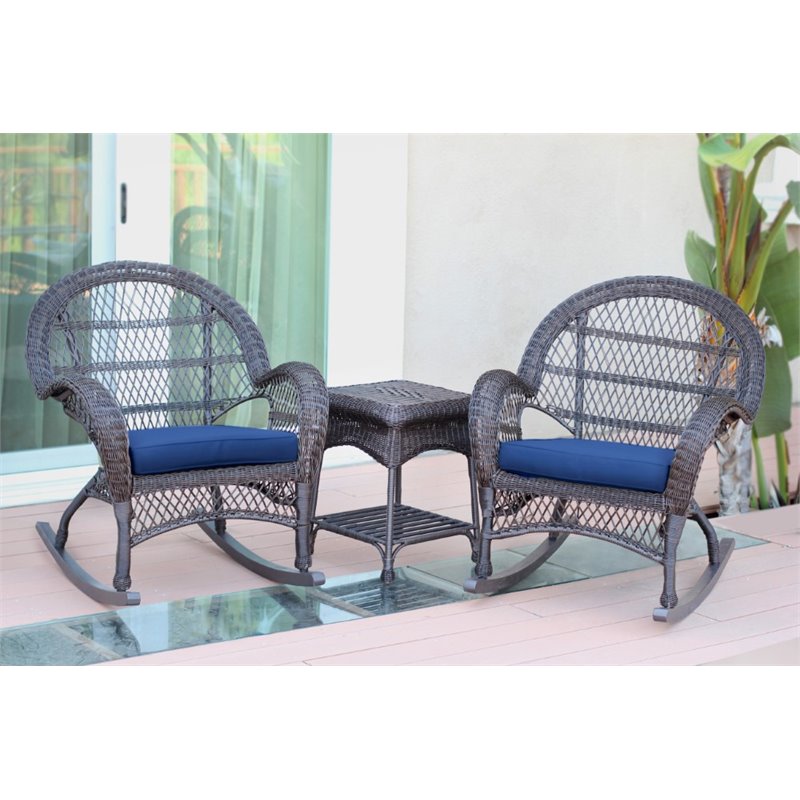 Jeco 3 Piece Wicker Conversation Set in Espresso with Blue Cushions