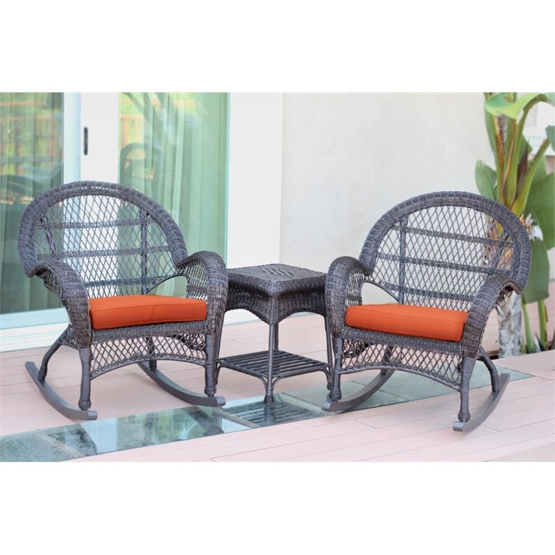 Jeco 3 Piece Wicker Conversation Set in Espresso with Orange Cushions