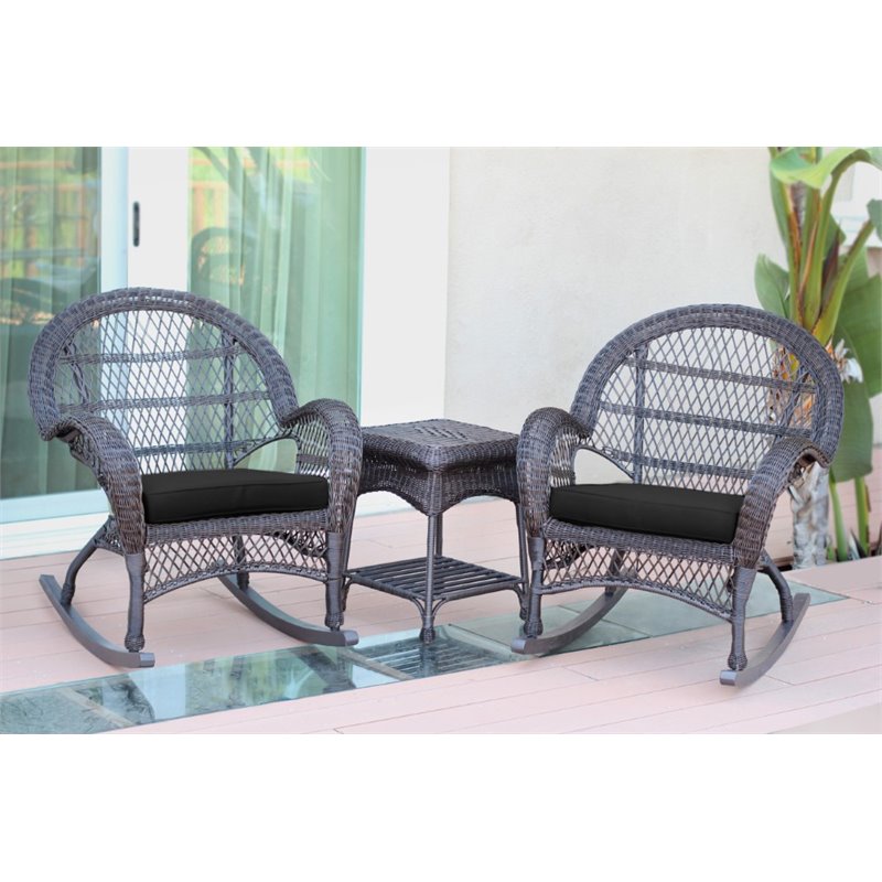 Jeco 3 Piece Wicker Conversation Set in Espresso with Black Cushions