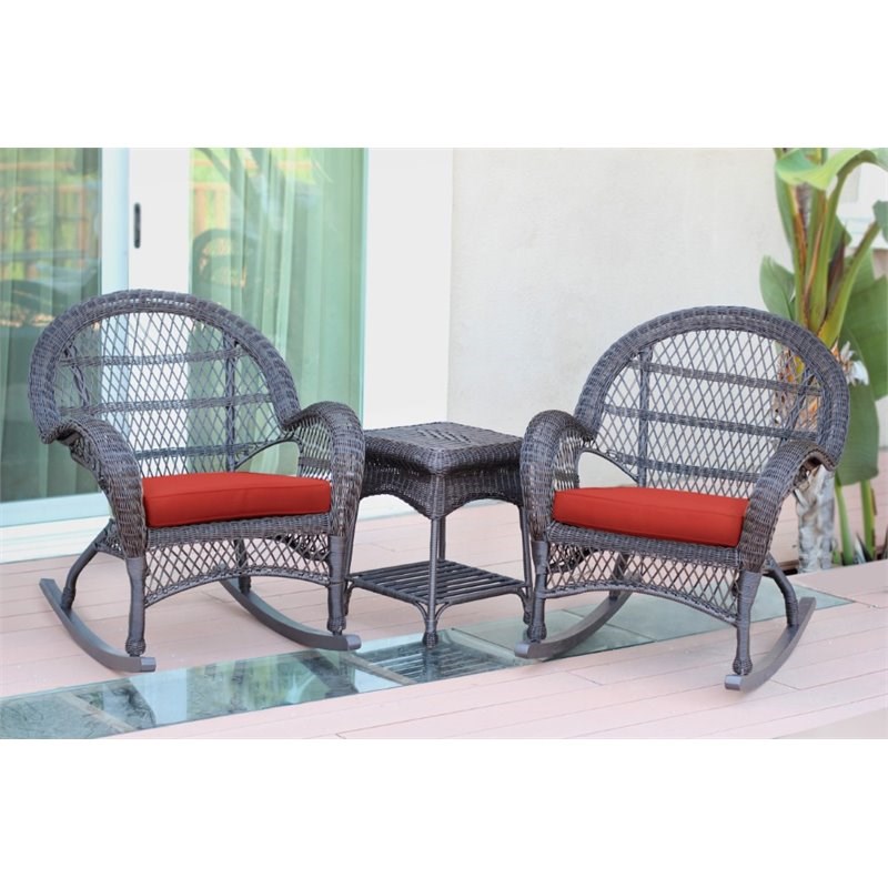 Jeco 3 Piece Wicker Conversation Set in Espresso with Red Cushions