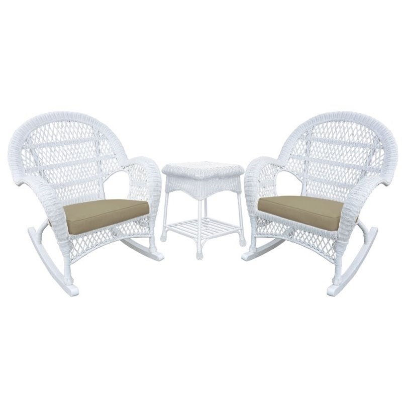 Jeco 3 Piece Wicker Conversation Set in White with Tan Cushions