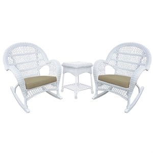 Jeco 3 Piece Wicker Conversation Set in White with Tan Cushions