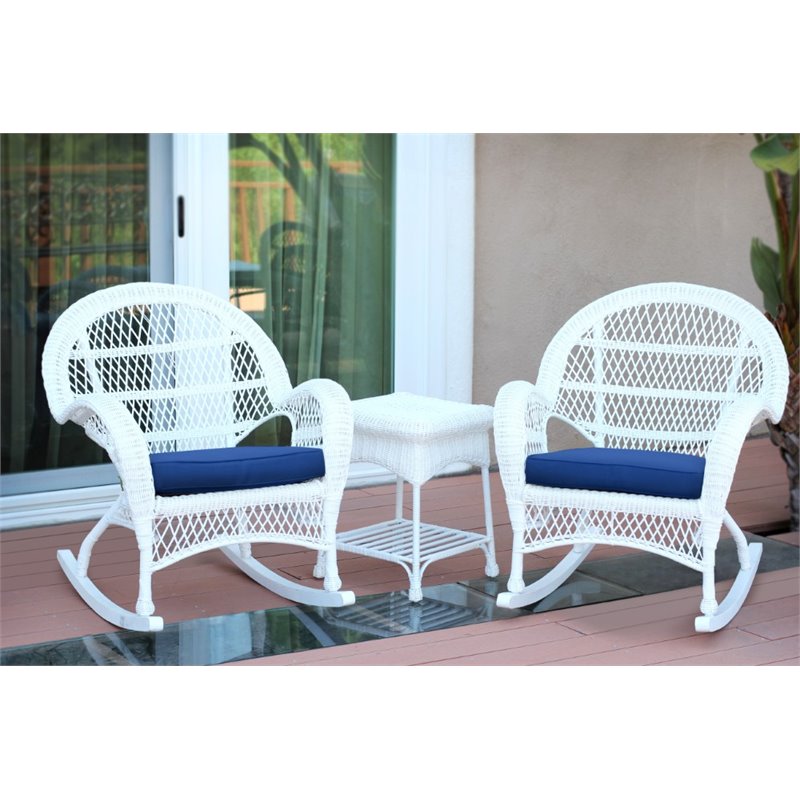 Jeco 3 Piece Wicker Conversation Set in White with Blue Cushions