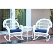 Jeco 3 Piece Wicker Conversation Set in White with Blue Cushions