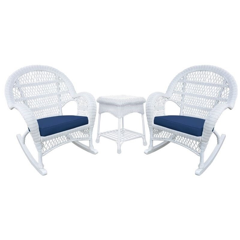 Jeco 3 Piece Wicker Conversation Set in White with Blue Cushions