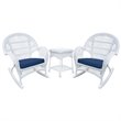 Jeco 3 Piece Wicker Conversation Set in White with Blue Cushions