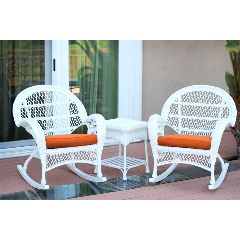 Jeco 3 Piece Wicker Conversation Set in White with Orange Cushions