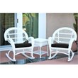 Jeco 3 Piece Wicker Conversation Set in White with Black Cushions