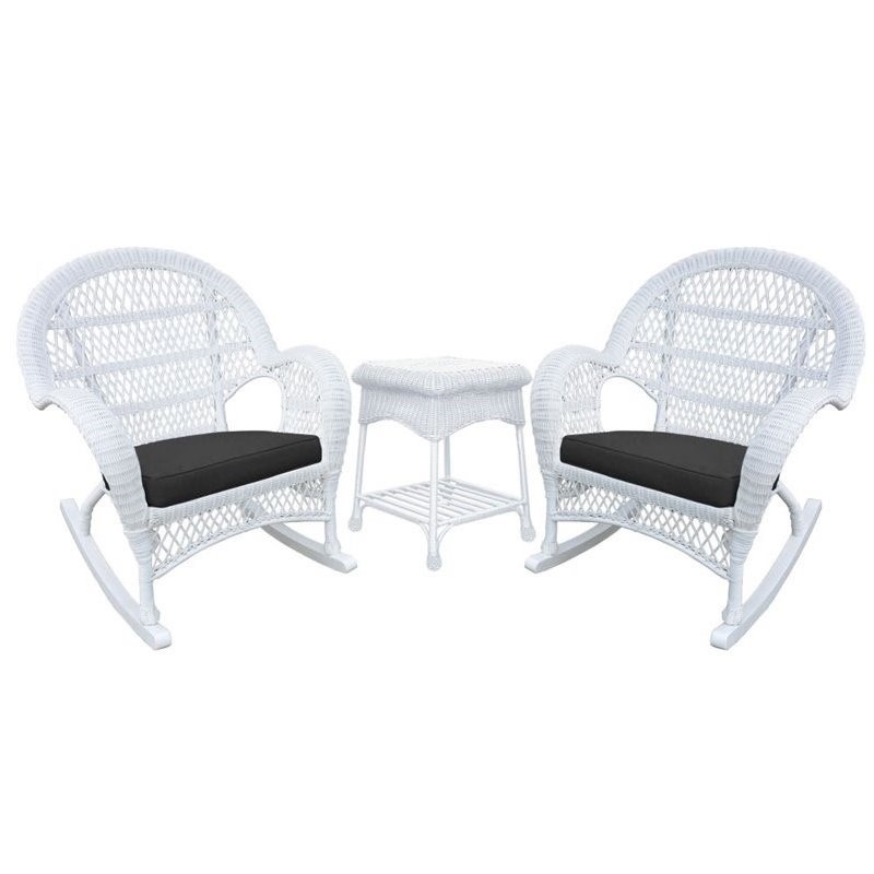Jeco 3 Piece Wicker Conversation Set in White with Black Cushions