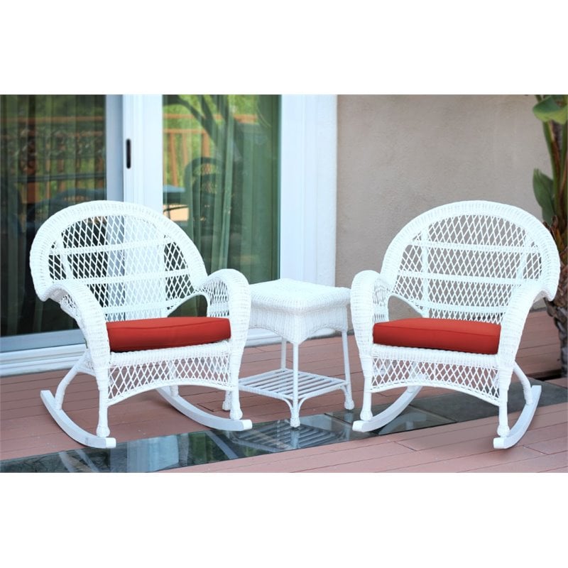 Jeco 3 Piece Wicker Conversation Set in White with Red Cushions