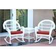 Jeco 3 Piece Wicker Conversation Set in White with Red Cushions