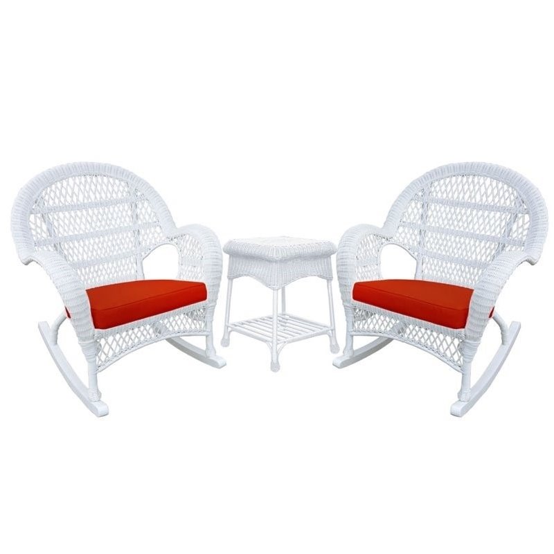 Jeco 3 Piece Wicker Conversation Set in White with Red Cushions